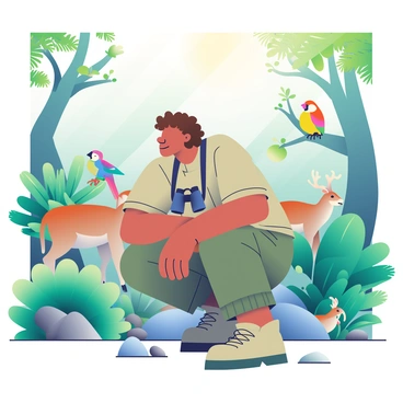 A conservationist with medium skin and short, curly brown hair is crouched down on the forest floor, carefully observing animals. He is wearing a khaki shirt and cargo pants, equipped with binoculars hanging around his neck. Surrounding him is a vibrant landscape filled with various shades of green foliage, including large ferns and tropical plants. In the background, a family of deer can be seen grazing peacefully, while colorful birds are perched on nearby branches, adding splashes of color to the scene. Sunlight filters through the trees, casting dappled patterns on the ground.