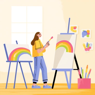 A cartoon girl with long brown hair is standing in a bright art studio, holding a paintbrush. She is focused on painting a vibrant rainbow across a large white canvas. The studio is filled with colorful paint tubes and brushes scattered around her. Sunlight streams through a window, illuminating the room and creating a cheerful atmosphere. A few finished paintings hang on the walls, showcasing various colorful designs. The floor is wooden, adding warmth to the lively scene.