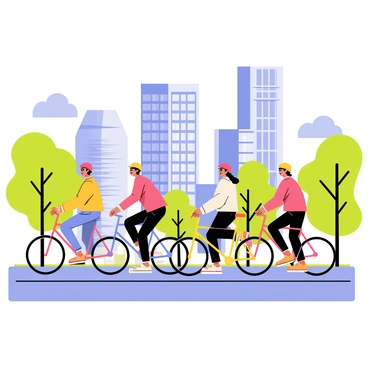 A group of four friends riding colorful bicycles on a wide street. The friends are wearing casual clothing and helmets in bright colors. The background features tall skyscrapers with glass facades reflecting sunlight. Trees with lush green leaves line the sides of the street. A blue sky with a few fluffy white clouds completes the scene, creating a lively atmosphere in the city landscape.