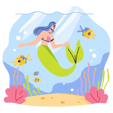 A mermaid with long flowing hair and a shimmering green tail is gracefully swimming in a vibrant underwater scene. The water is filled with soft, swirling currents and bubbles rising to the surface. Around the mermaid, several playful fish of various colors, such as yellow, blue, and orange, are darting about, creating a lively atmosphere. Coral reefs in shades of pink and purple are visible in the background, adorned with colorful seaweed that sways gently with the water movement. Sunlight filters through the water, casting dancing patterns on the sandy ocean floor.