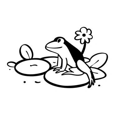 A frog perched on a lily pad, with its body facing slightly to one side and a prominent chin jutting forward. The lily pad sits atop a still body of water, with other lily pads and delicate flowers in the background. The surface of the water reflects the surrounding elements, creating a sense of depth. Small ripples can be seen emanating from the lily pad, adding a touch of movement to the scene.