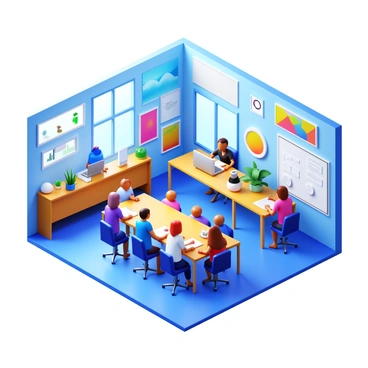 An open-plan office with vibrant artwork on the walls, filled with people collaborating