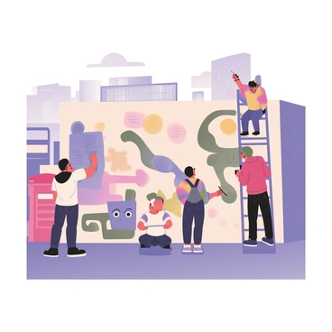 A digital flat illustration depicting a group of street artists working on a large building in London. There are three artists visible. One artist on the left is spraying blue paint on a wall, wearing a black cap, a white t-shirt, and dark jeans. The second artist, positioned in the center, is using a paintbrush to create a colorful design, dressed in a colorful tie-dye shirt and overalls. The third artist on the right is sitting on a ladder, applying yellow paint to the top of the mural, wearing a green beanie and a red hoodie. The building's surface is covered with vibrant murals, showcasing various patterns and designs, with splashes of colors like pink, green, and orange. In the background, iconic London elements, such as a red telephone booth and a double-decker bus, can be seen. The sky is clear with a few clouds, suggesting a sunny day.
