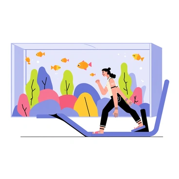 A person seated on a leg press machine, demonstrating their strength as they push the weighted platform with their legs. The person has a determined expression and is wearing workout attire. In the background, there is a large, rectangular aquarium filled with various colorful fish, swimming gracefully. The aquarium is well-lit, showcasing vibrant aquatic plants, rocks, and the fish in shades of orange, blue, yellow, and purple. The scene captures a dynamic contrast between the physical workout and the serene underwater life.