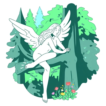 A white angel with delicate, feathered wings is resting on a sturdy tree branch. The angel is positioned comfortably, with one knee drawn up and the other leg hanging down. The angel's long, flowing hair cascades gently over the branch. Surrounding the tree, the forest is filled with tall, lush green trees and soft foliage. Sunlight filters through the leaves, casting dappled shadows on the forest floor, creating a serene atmosphere. Small colorful flowers bloom at the base of the tree, adding a touch of vibrancy to the peaceful scene.