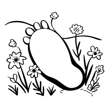A giant footprint imprinted in the ground, showcasing intricate details of its texture and depth. Surrounding the footprint, there are various wildflowers of different shapes and sizes, with their stems bending slightly as if swayed by an unseen breeze. The wildflowers are densely clustered, adding contrast to the footprint's size. In the background, gentle rolling hills can be seen, enhancing the scale of the titan's footprint in the field.