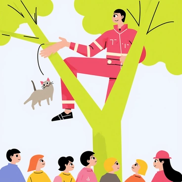 A firefighter in a bright red uniform is climbing a green tree to rescue a small gray cat. The firefighter has a determined expression, showcasing bravery. The cat, with its fluffy fur and wide eyes, is perched on a branch, looking down nervously. Below, a group of concerned onlookers, including children and adults, watch the rescue with expressions of hope. The scene is set against a clear blue sky, emphasizing the act of kindness taking place.