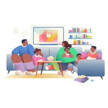 A cozy living room features a family of four comfortably seated on a large, plush sofa. The family consists of a father with dark hair, wearing a blue sweater, a mother with curly brown hair in a green cardigan, and two children, a girl with pigtails dressed in pink pajamas and a boy with short hair in a red t-shirt. A large flat-screen TV is mounted on the wall, displaying a movie scene with a prominent "lock" symbol in the center of the screen, indicating secure streaming. The room is warmly lit, with a soft beige rug on the floor, and a wooden coffee table in front of the sofa holds a bowl of popcorn. A few colorful throw pillows are scattered on the sofa, and a bookshelf filled with books lines the back wall, adding to the cozy atmosphere.