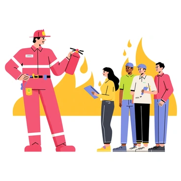 A firefighter in a bright red uniform stands confidently, holding a fire extinguisher in one hand. The firefighter is explaining the usage of the extinguisher to a small group of attentive individuals, who are gathered around. Each person in the group displays a look of curiosity and focus, with one person taking notes on a notepad. The backdrop includes flames illustrated in a controlled manner to emphasize the importance of fire safety. The scene is vibrant, with various colors representing the uniforms, the fire extinguisher, and the flames depicted in a cartoon-style illustration.