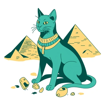 A teal regal cat adorned with intricate golden jewelry is sitting majestically on a sandy surface near large pyramids. The pyramids tower in the background, their sharp edges contrasting against the clear sky. The cat's fur glistens in the sunlight, and the golden jewelry sparkles, catching the light. In front of the cat, there are small scattered artifacts that hint at ancient history. The scene is vibrant and full of detail, showcasing the grandeur of both the cat and the surroundings.