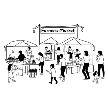 A busy farmers market is filled with various stalls. Each stall is displaying an array of organic produce, including fruits and vegetables neatly arranged in baskets. There are also tables showcasing handmade goods, such as woven baskets, pottery, and artisanal breads. People are strolling through the market, some stopping to examine the goods while others are engaged in conversations. Children can be seen running and laughing nearby. A large banner with the words "Farmers Market" hangs above the entrance, adding to the lively atmosphere.