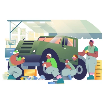A group of military personnel is gathered in a makeshift workshop, focused on repairing a damaged vehicle. Two soldiers, one with dark skin and the other with light skin, are underneath the vehicle inspecting the undercarriage. The vehicle is an olive-green armored truck with visible dents and scratches. Nearby, a soldier with medium skin tone is using a wrench to tighten a bolt, while another soldier with short hair is holding a flashlight to illuminate the area. Tools are scattered on a workbench made of wooden crates, including wrenches, screwdrivers, and a toolbox. The walls of the workshop are adorned with military posters and there are stacks of spare parts in the corner. Sunlight filters through gaps in the tarpaulin covering the workshop, creating a warm atmosphere.