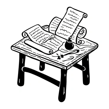 A wooden table with a richly textured surface is adorned with a collection of ancient scrolls, each delicately unfurled to reveal intricate texts and symbols. The scrolls are made of aged parchment, displaying signs of wear and history. Some scrolls are partially rolled, while others lay completely open, showcasing their edges adorned with faded ink. Surrounding the scrolls are scattered quills and an inkpot, adding to the scholarly ambiance. A soft shadow falls over the scene, emphasizing the depth and curvature of the table.