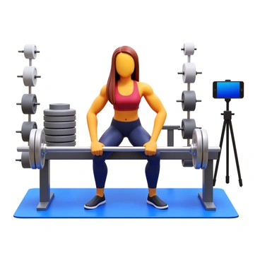 A social media influencer with long brown hair, wearing a fitted workout outfit, is filming a tutorial on how to perform hip thrusts with a barbell. She is positioned on a gym mat, with her back against a bench, demonstrating the exercise. A shiny silver barbell rests across her hips, and she is focused on maintaining proper form. Bright studio lights illuminate the scene, highlighting her muscles and the equipment around her. A smartphone on a tripod captures the tutorial from a side angle, while various gym equipment and weights are visible in the background.