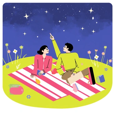 A couple lying on a colorful picnic blanket in a grassy field. The blanket features red and white stripes. They are gazing up at a starry night sky filled with twinkling stars. One person is pointing towards a bright constellation, while the other is smiling and looking in the same direction. The couple is dressed in casual, comfortable clothing. Surrounding them are small wildflowers, adding color to the scene.