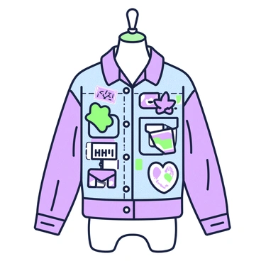 A denim jacket is displayed on a mannequin, showcasing a variety of patches and badges. The patches are arranged in clusters, featuring designs such as a purple star, a green heart, and various symbols. Each patch is sewn onto the jacket, contributing to a vibrant and eclectic appearance. The mannequin stands against a plain backdrop, emphasizing the intricate details of the patches and badges. The denim fabric has a slightly textured look, enhancing the overall visual interest of the jacket.