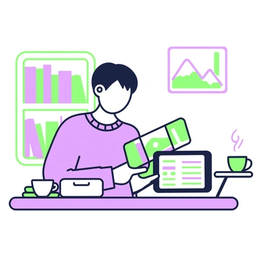 A learner is sitting comfortably in a cozy room, focused on a tablet. The individual has short hair and is wearing a casual sweater. The room features soft lighting, highlighting a bookshelf filled with various books. A small table next to the learner holds a steaming cup of tea. On the wall behind, there is a framed picture of mountains. The learner's attention is directed towards the tablet screen, which displays a tutorial with visible graphs and text.