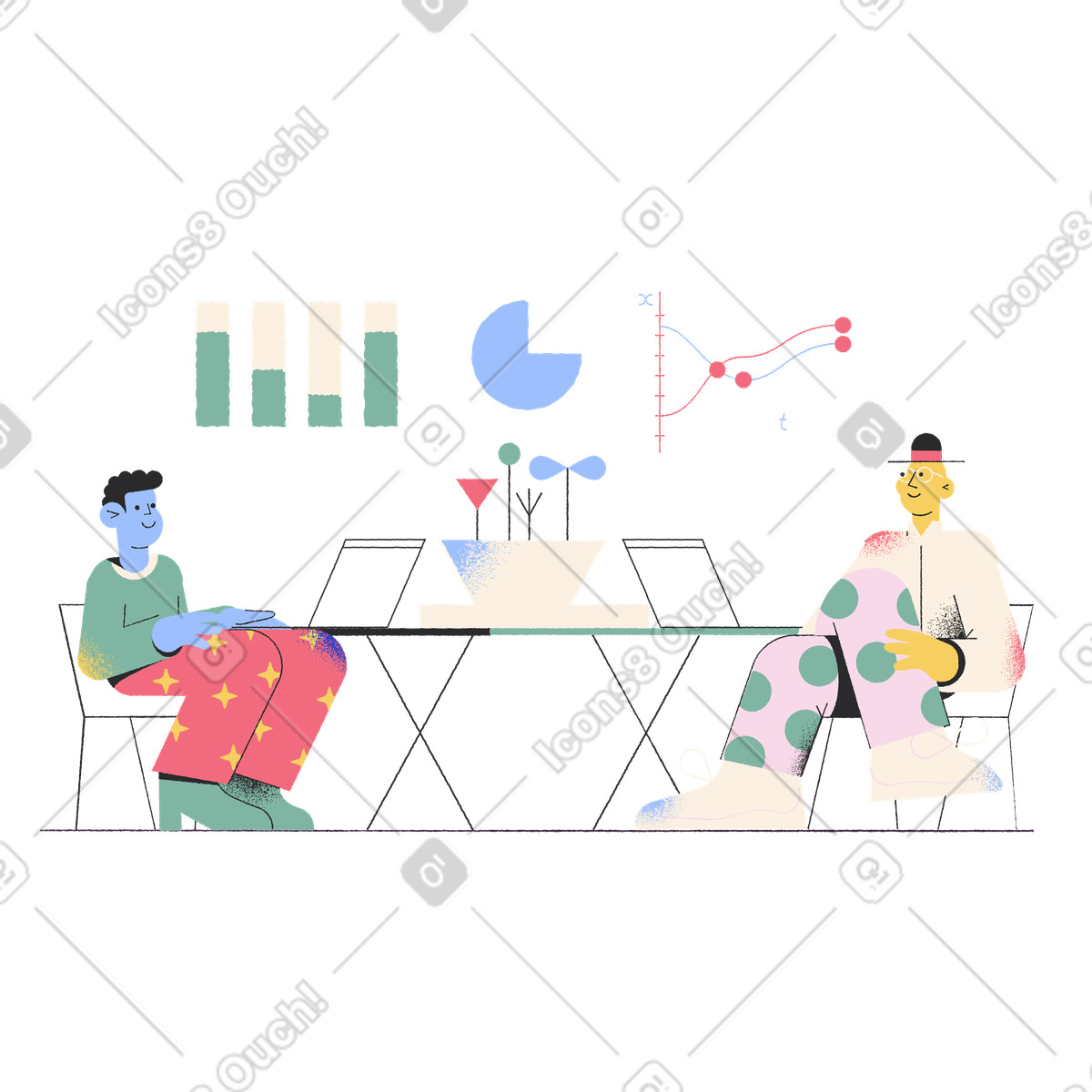 Ilustração de Two colleagues discussing statistics, Business strategy and planning em no estilo Pablo para baixar em PNG, SVG