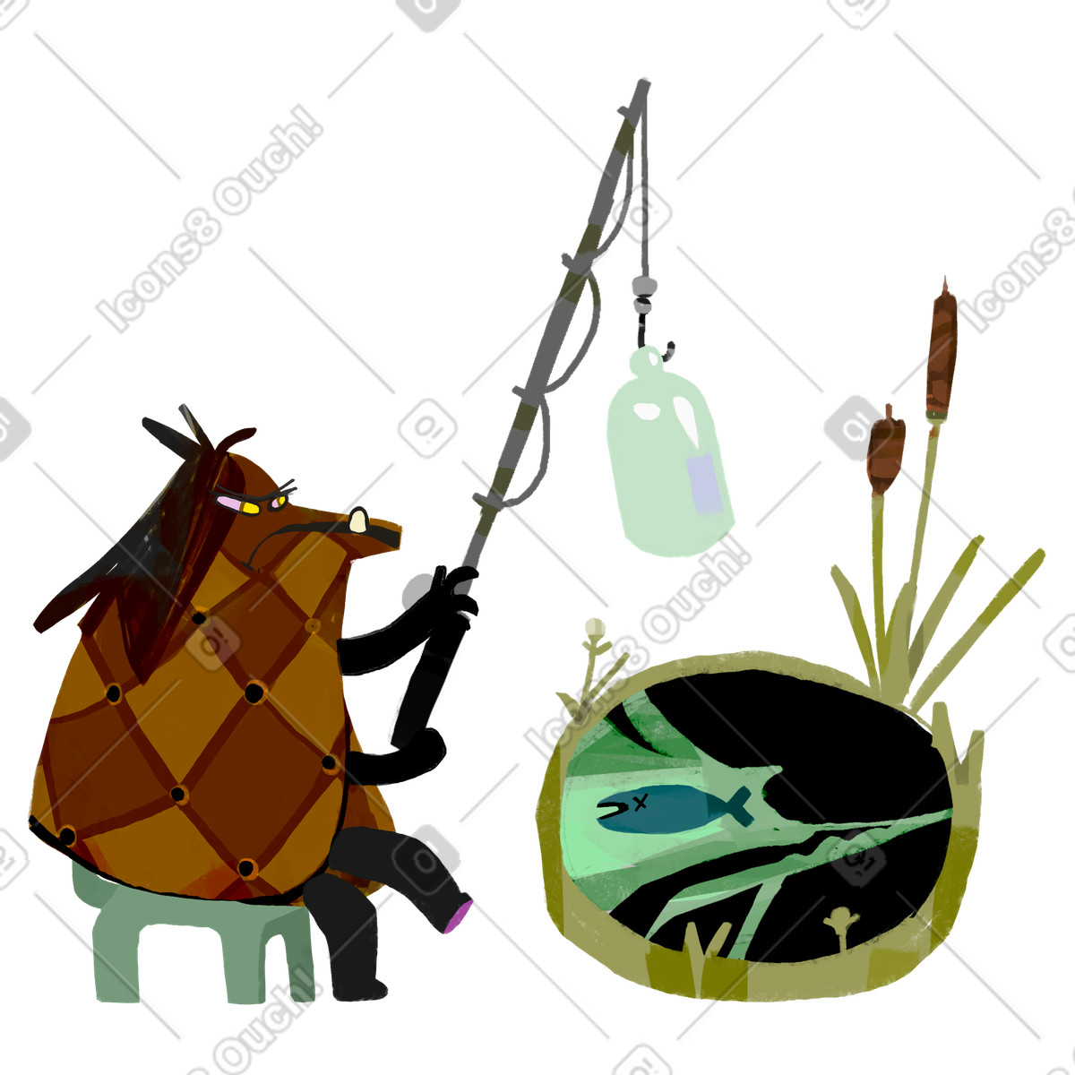 Character fishing trash out of polluted pond illustration in Atomic style download in PNG, SVG