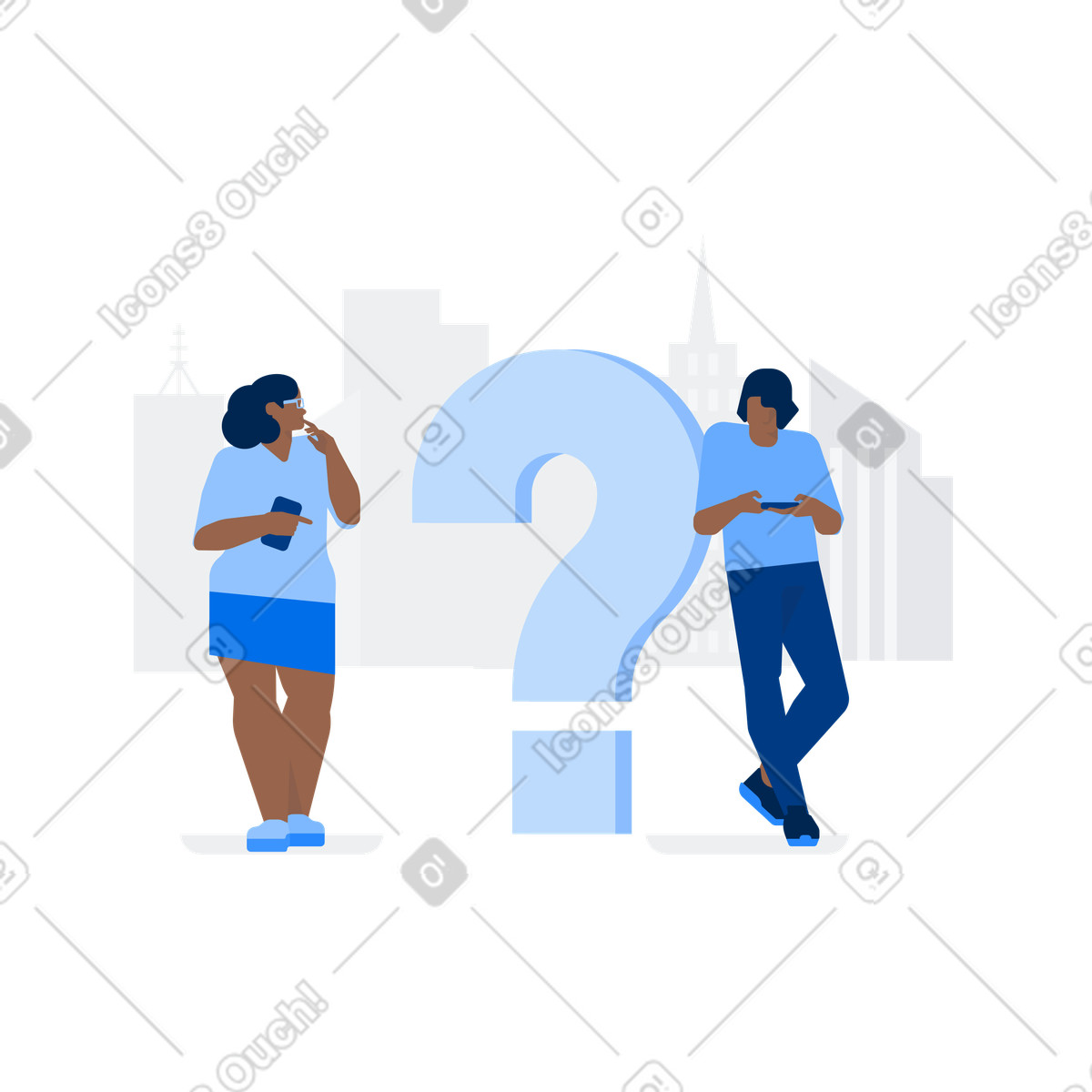 Ilustração de Mulher e homem na cidade estão ao lado do ponto interrogação em no estilo Urban para baixar em PNG, SVG