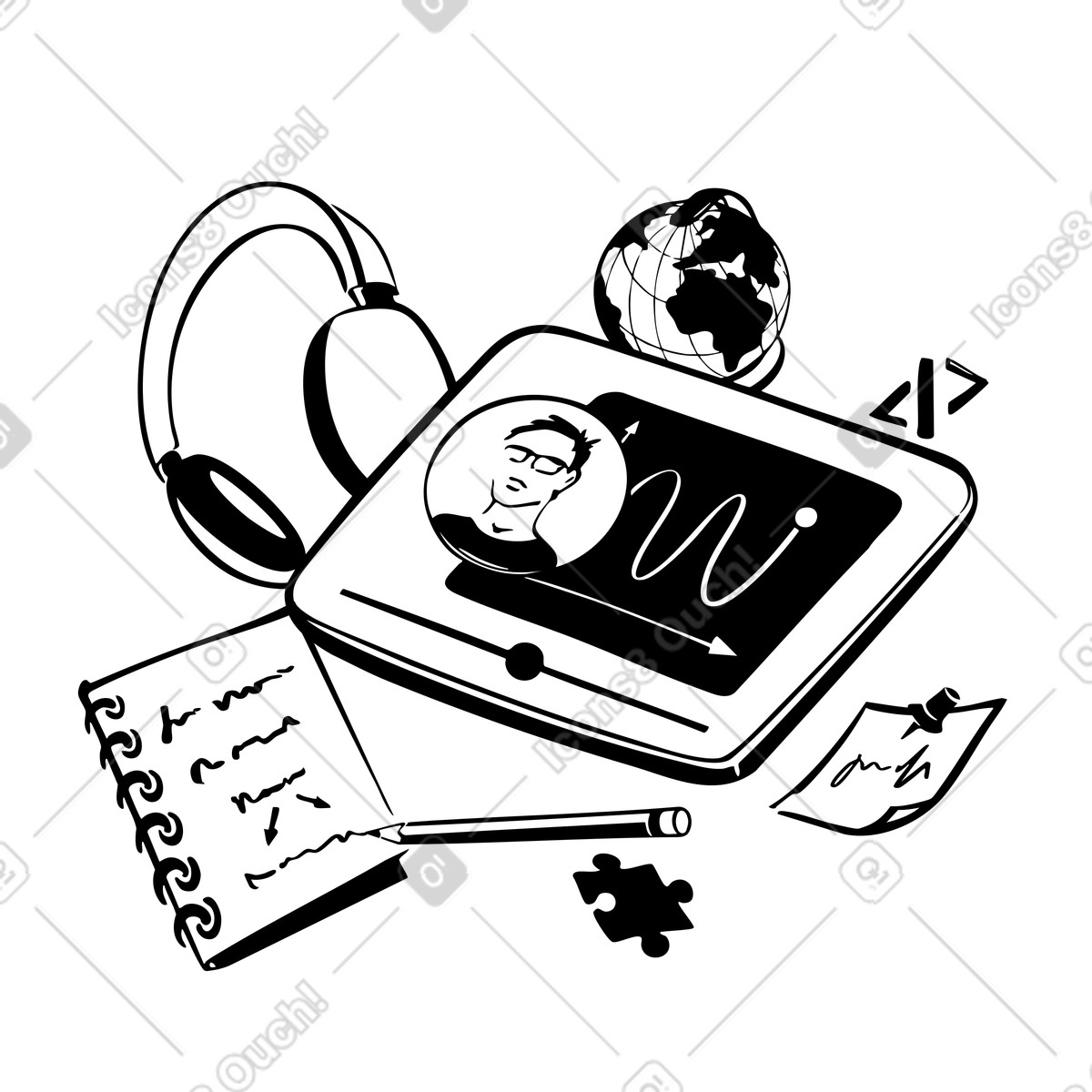 Watching video lecture on digital tablet, self paced distance learning and online education illustration in Line style download in PNG, SVG