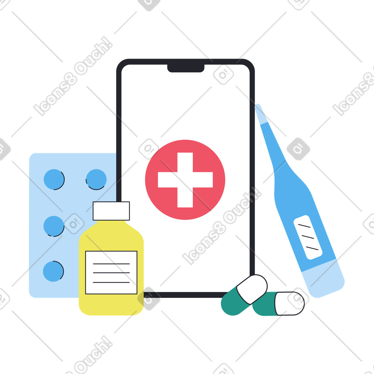 Illustration Smartphone avec application médicale en ligne entourée de pilules et thermomètre dans le style Boba à télécharger aux formats PNG, SVG