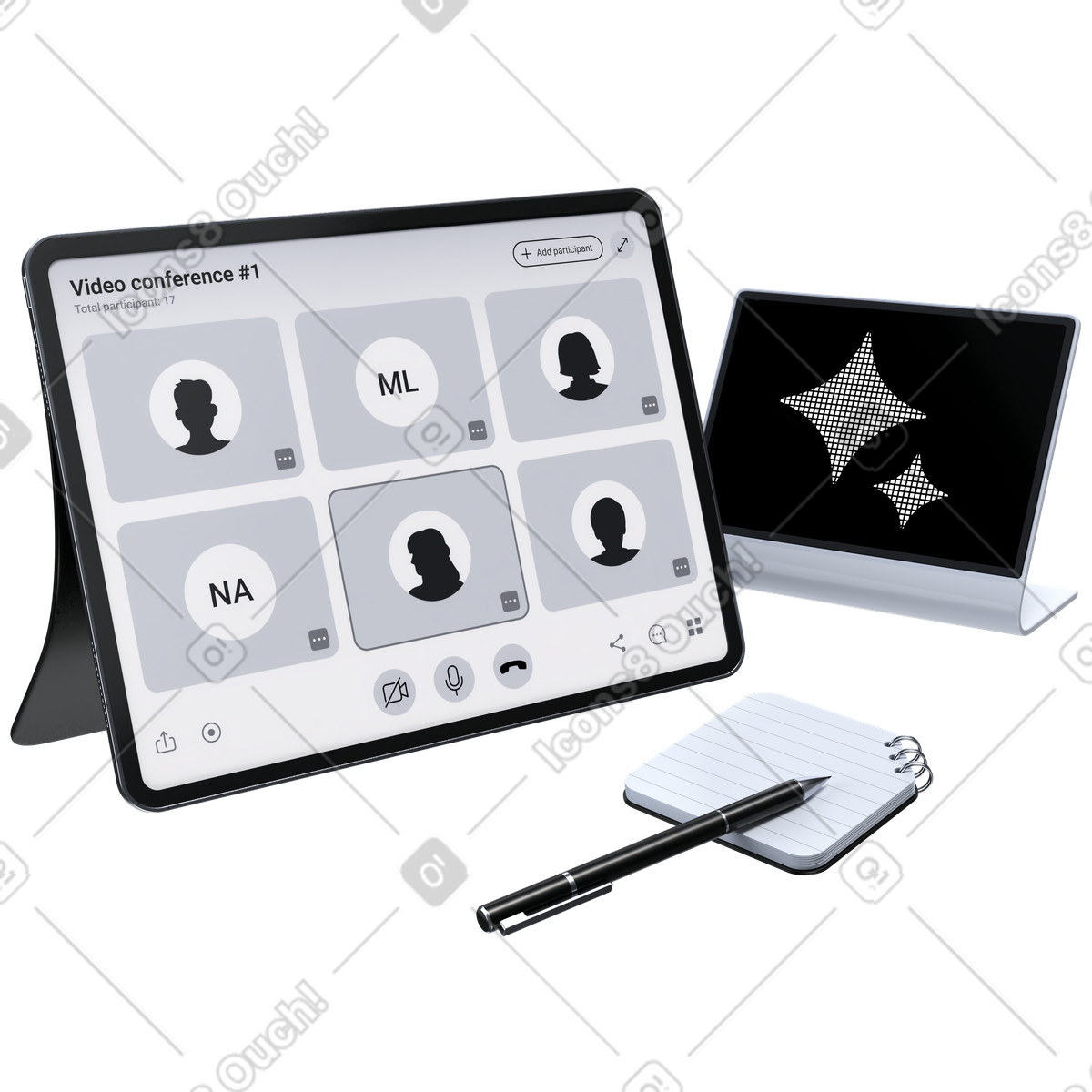 Illustration Plateforme de réunion virtuelle, interface d'appel vidéo professionnel, communication pour le travail hybride dans style 3D Pro à télécharger aux formats PNG, SVG