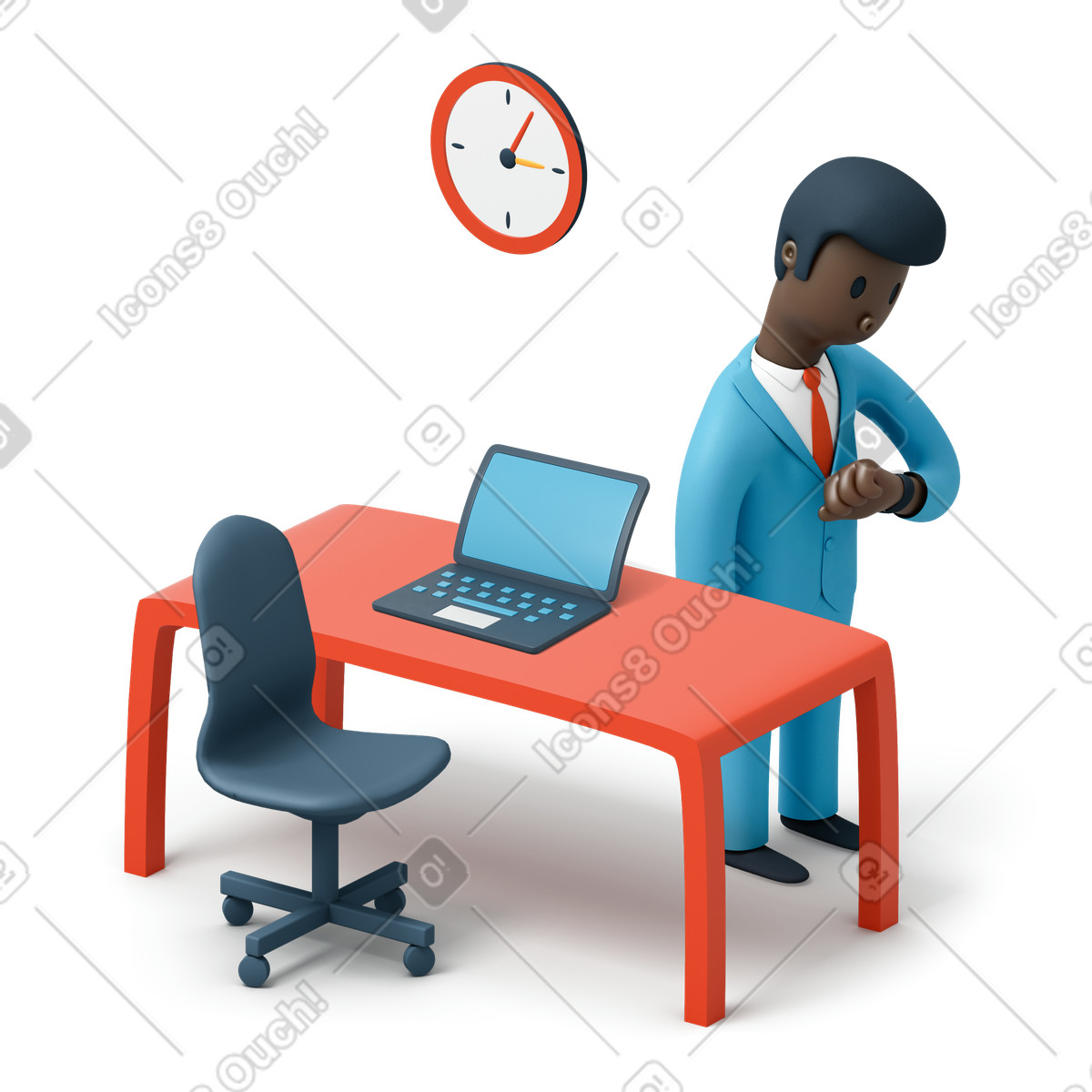 Schwarzer büroangestellter, der die uhr auf seiner hand betrachtet-Illustration im 3D Flame-Stil als Download in PNG, SVG