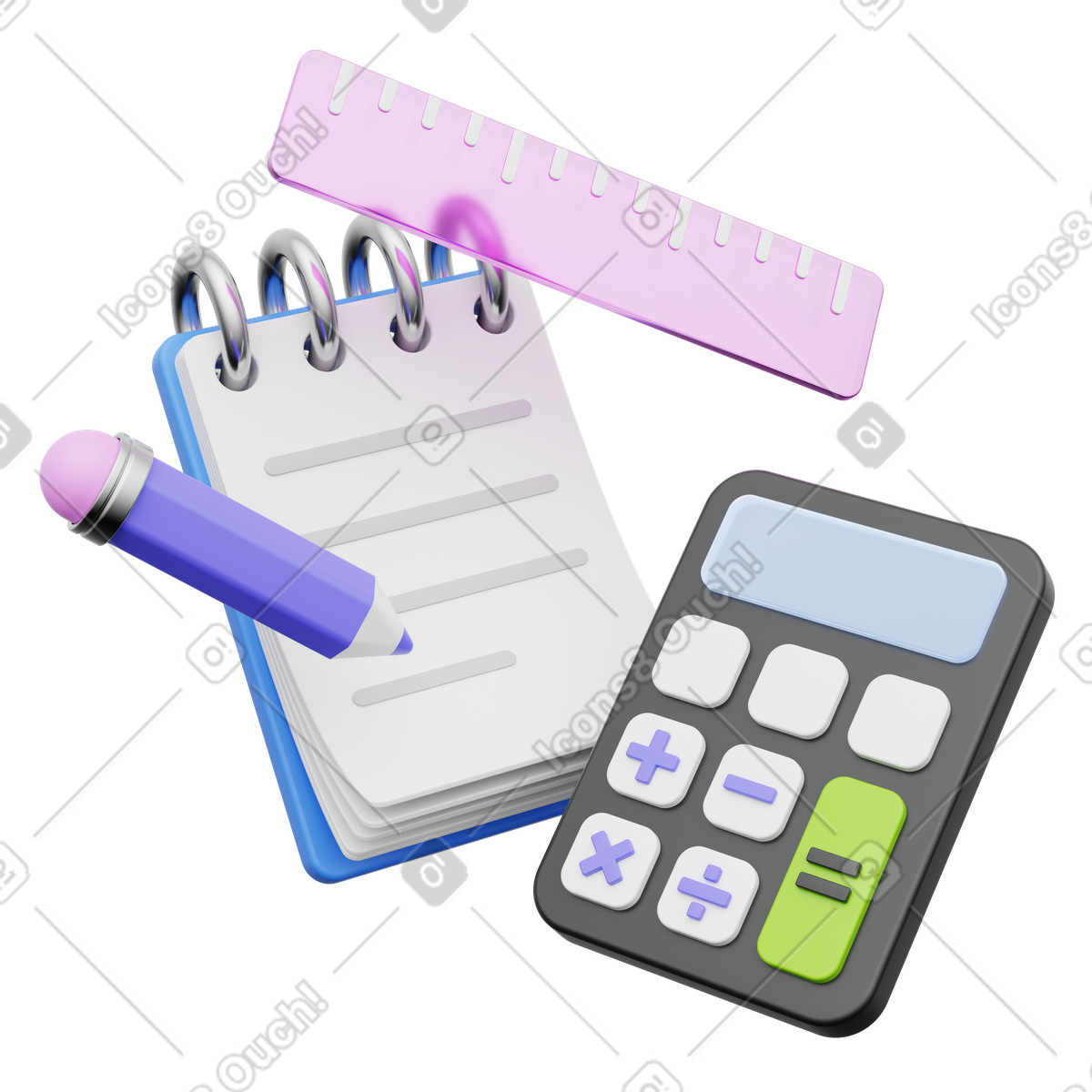 Calculator, ruler, pencil and notepad, study tools, educational resources for math and organization illustration in PNG, SVG