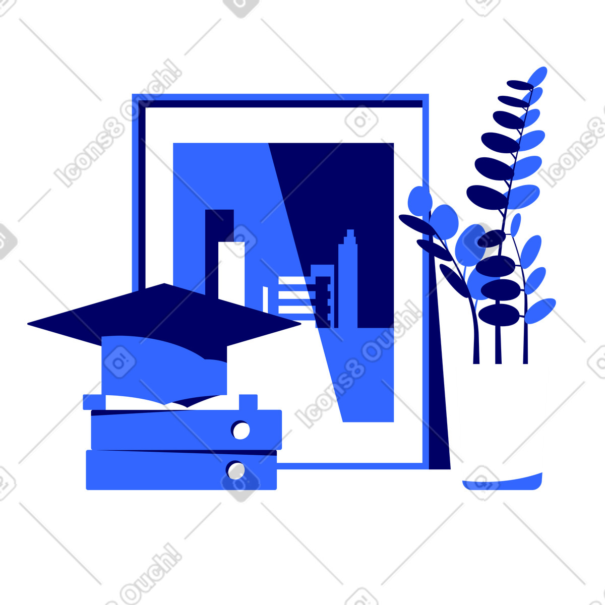 Absolventenhut, bücher, ein poster mit einem bild einer modernen stadt und pflanzen in vase auf dem schreibtisch-Illustration im Lounge-Stil als Download PNG, SVG