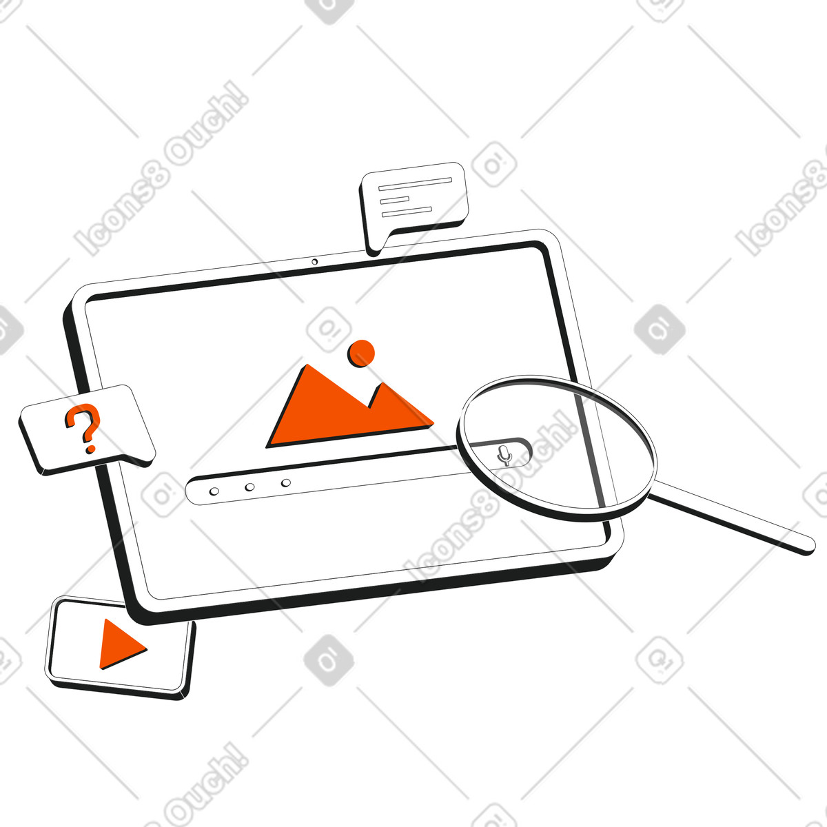 Search interface on tablet screen, Digital and browsing illustration in Strict style download in PNG, SVG
