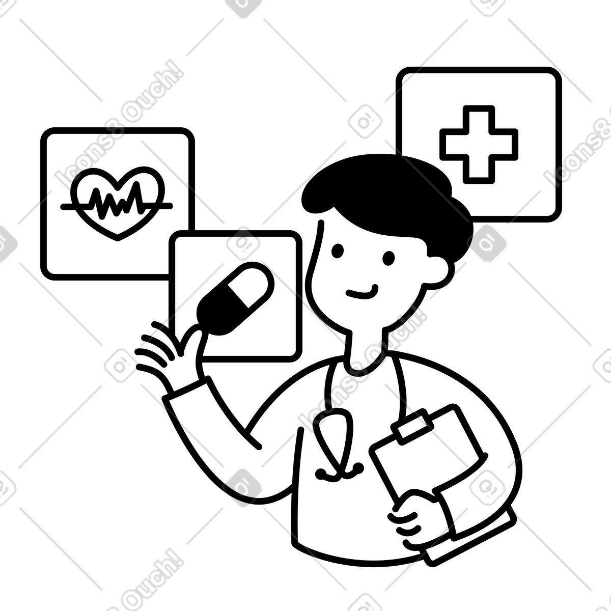 下载 Notion Line Art 风格的 Physician reviewing patient chart with heart rate and pharmacy symbols 插画，支持 PNG、SVG 格式