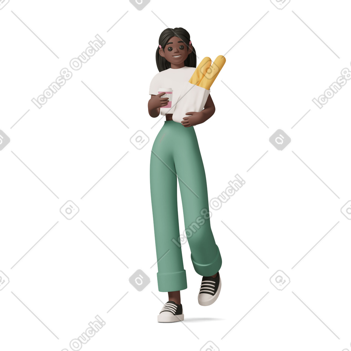 Black girl holding baguette and cup of coffee illustration in 3D Casual life style download in PNG, SVG