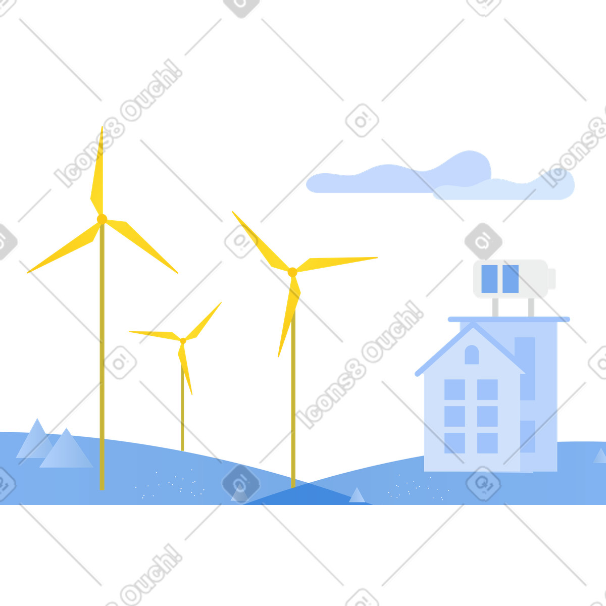 Field with wind turbines and building as green technology illustration in Clip style download in PNG, SVG