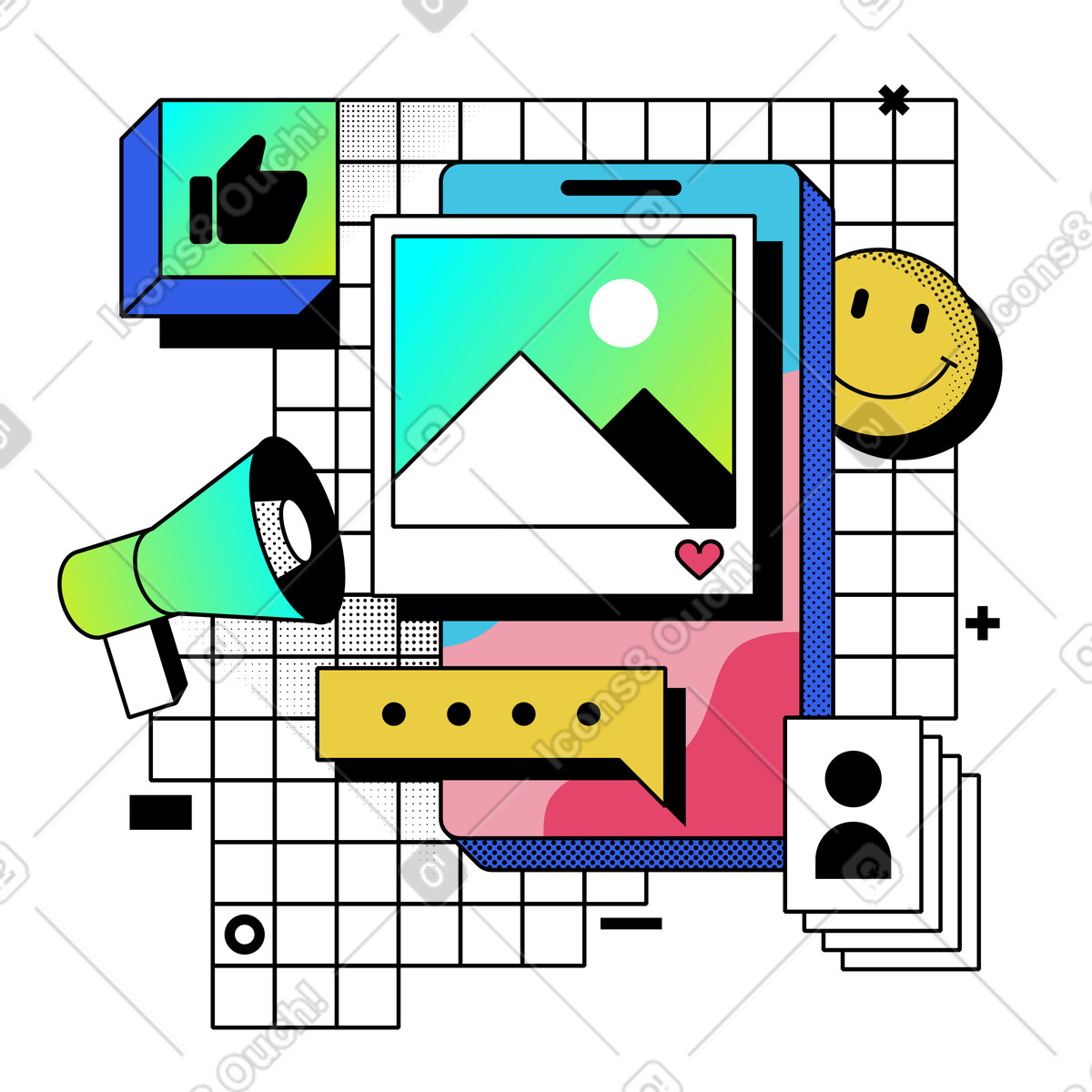 Social media post engagement with likes illustration in Memphis style download in PNG, SVG