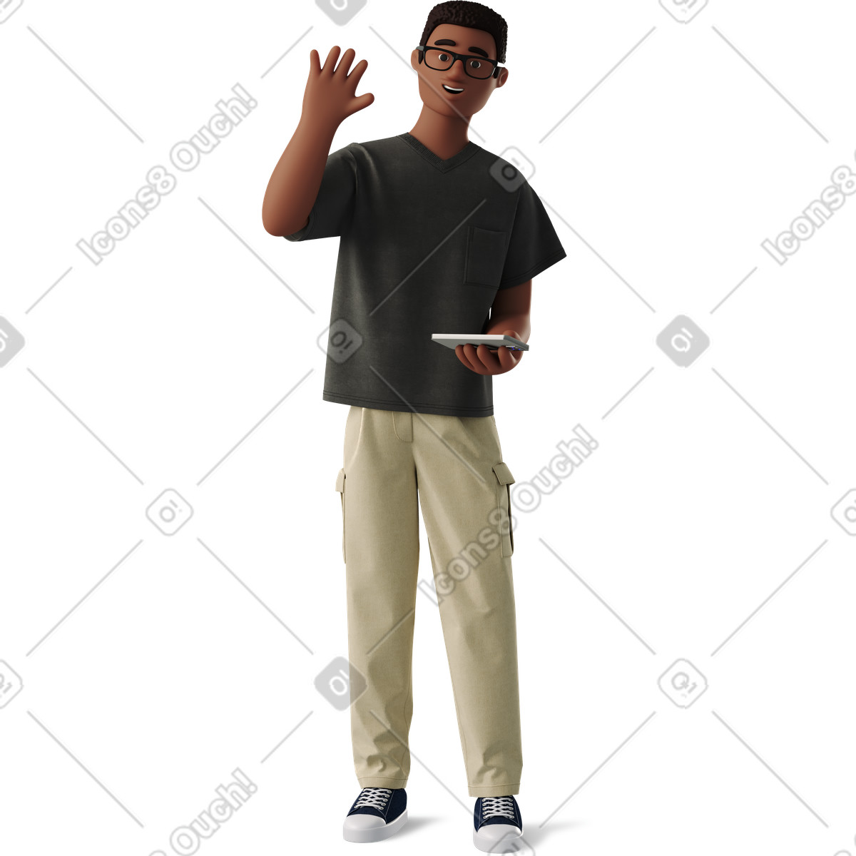 Ilustración Young man standing with a phone and waving his hand en estilo 3D Business descargar en PNG y SVG