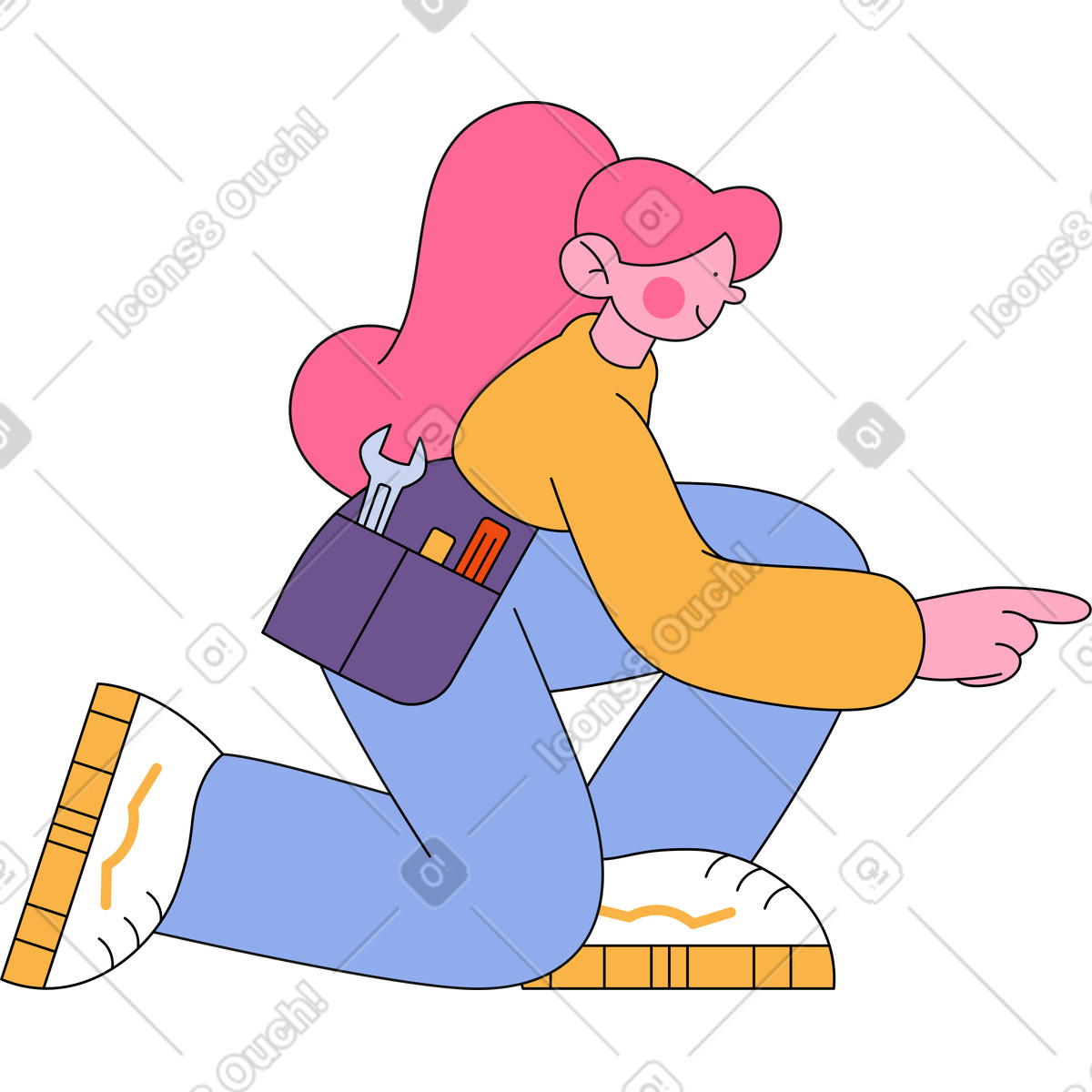 Illustration Une technicienne s'agenouille avec un genou et pointe quelque chose dans le style Bloom à télécharger aux formats PNG, SVG