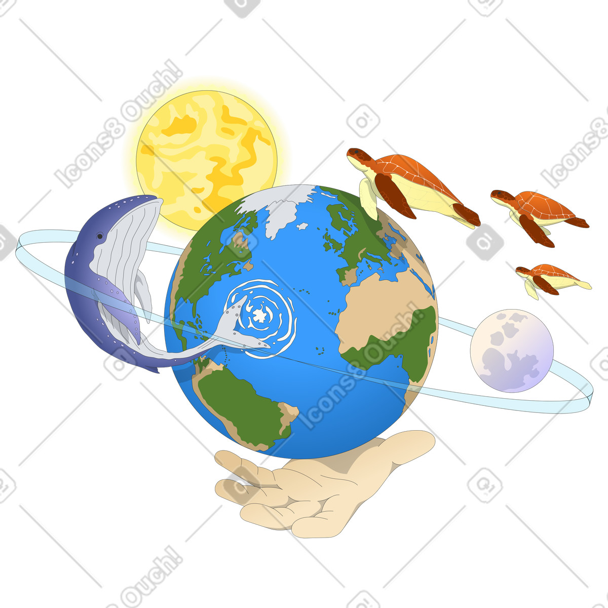 下载 Kit 风格的 Hand holding planet Earth with marine life, Biodiversity and environmental protection 插画，支持 PNG、SVG 格式