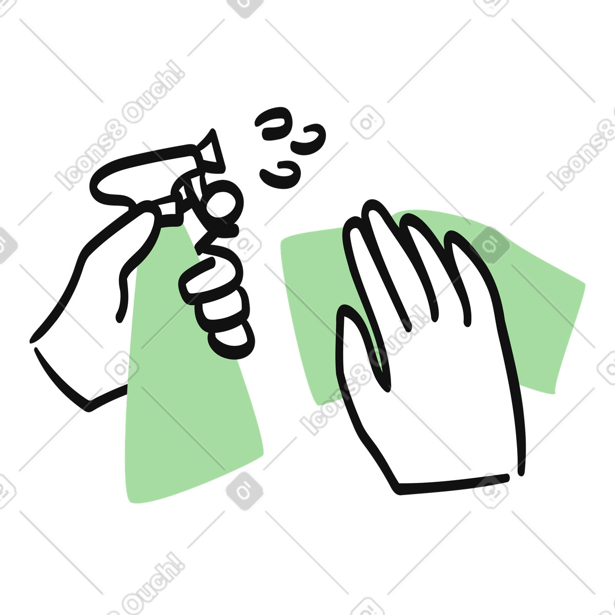 下载 Organic 风格的 Disinfectant spray bottle cleaning surface with protective glove and wiping 插画，支持 PNG、SVG 格式