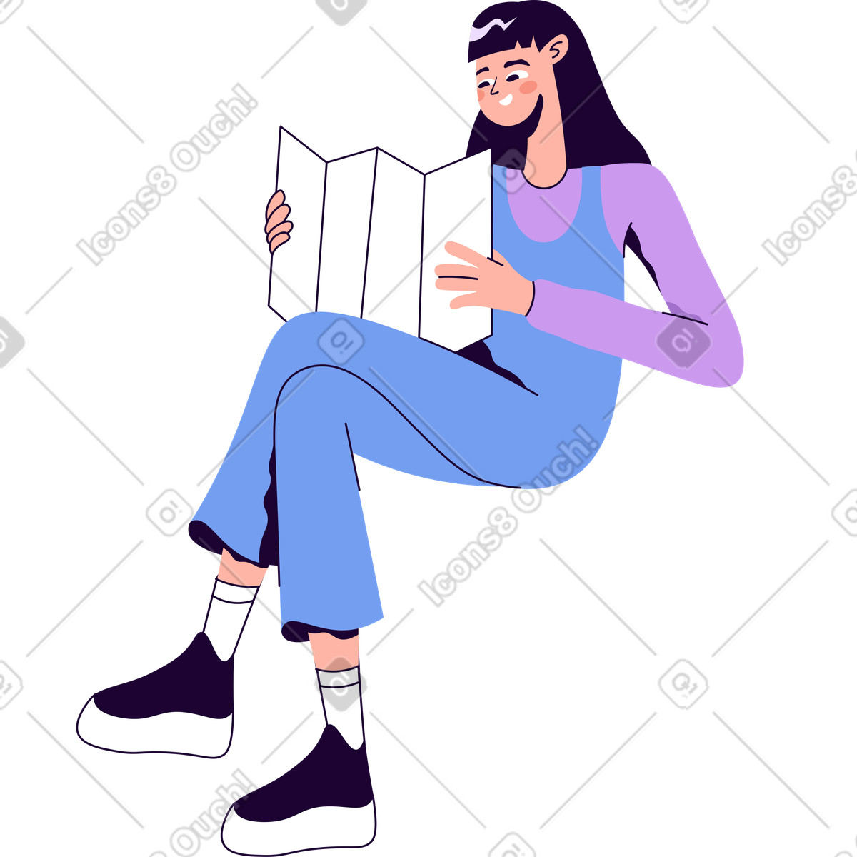 Ilustración Chica sentada con un mapa en las manos estilo Martina a descargar PNG y SVG