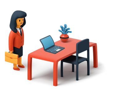 A woman standing by a desk with a laptop - 3D Flame style illustration