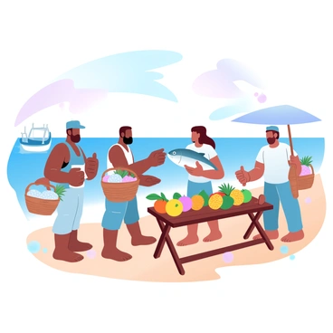 A group of fishermen is standing by the ocean, holding baskets filled with freshly caught fish. One fisherman is handing over a large fish to a vendor, who is offering vibrant tropical fruits in return. The vendor has a colorful display of pineapples, mangoes, and bananas spread out on a wooden table. The ocean waves are gently lapping at the shore, and a few fishing boats are visible in the background. The sky is painted with gradient pastel colors, enhancing the lively atmosphere of the scene.