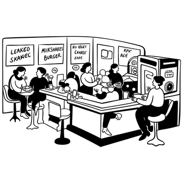 A 1950s diner filled with activity, featuring waitresses wearing "poodle skirts" serving "milkshakes" and "burgers" to seated customers. The interior includes a shiny counter with stools and red-and-white checkered tiles. There are booths along the walls with various patrons enjoying their meals. A jukebox stands in one corner, filled with records. The atmosphere is lively, with customers chatting and laughing amidst the clatter of dishes.