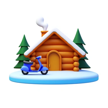 A snow scooter parked beside a cozy log cabin with smoke rising from the chimney