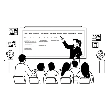 A classroom with desks arranged in rows and a blackboard at the front. On the wall, there is a large timeline depicting various historical events. The timeline includes illustrated markers for significant dates and events, such as wars, discoveries, and important figures. There are posters of famous historical people hanging near the timeline. A globe sits on a side table, and educational materials are scattered on the student desks. A teacher is pointing to a specific event on the timeline, while a group of attentive students is seated and looking at it.