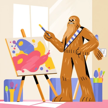 Chewbacca, a large Wookiee with brown fur, is standing in an art studio. He is holding a paintbrush in one hand and is focused on a colorful abstract painting on a canvas in front of him. The canvas features bold splashes of red, blue, and yellow, with swirling patterns and shapes. The art studio is filled with various art supplies, including tubes of paint, brushes, and an easel. Bright sunlight pours in through a window, highlighting the vibrant colors on the canvas.