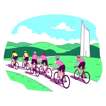 A group of cyclists in brightly colored jerseys is riding past the "Angel of the North," which towers majestically nearby. The cyclists are in various positions; some are pedaling hard while others are catching their breath. The scene is set along a smooth, winding path that cuts through lush green grass. In the background, rolling hills stretch into the distance, creating a harmonious landscape. The sky above is clear, with a few fluffy clouds scattered across it, while the sunlight casts gentle shadows on the ground.
