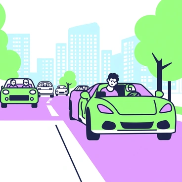 A sports car is driving slowly on a busy road. The car has a sleek design and is positioned in the center lane. Several cars behind it are visible, some with frustrated drivers peering out their windows. In front of the sports car, a compact vehicle is overtaking it, with a driver looking back, making a puzzled expression. The scene captures the urban setting, with a clear blue sky and a few trees lining the road. The atmosphere reflects a moment of impatience as other drivers make assumptions about the sports car driver's skills.