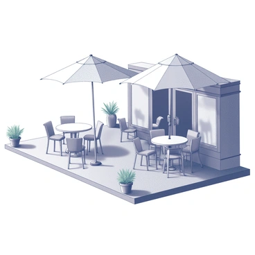 An outdoor patio is attached to a cantine. The patio features several round tables, each with a few chairs arranged around them. Large sun umbrellas are positioned above the tables, providing shade. A few potted plants are scattered around, adding greenery to the scene. The cantine has a visible entrance, with large windows allowing a view of the interior. The overall setting is designed for outdoor dining and relaxation.