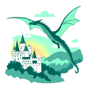 A teal dragon with shimmering scales is soaring gracefully above a white medieval castle. The castle is perched atop a green hill, showcasing tall stone towers and an intricate battlement. In the background, a soft light from the rising sun casts a warm glow over the landscape, illuminating the castle's spires and the surrounding lush greenery. The dragon's wings are spread wide, catching the gentle morning breeze as it glides effortlessly through the sky. The atmosphere is filled with a sense of adventure and wonder as dawn breaks over the scene.
